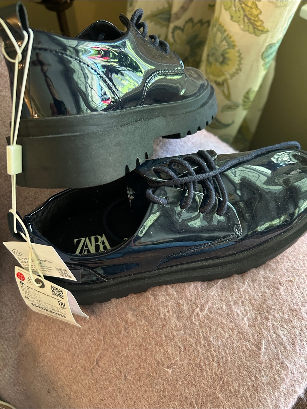 ZARA Women's Glossy Navy Patent Lace-Up Platform Shoe